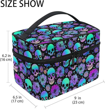 Goth Skull Makeup Bag, Gothic Skull Flowers Makeup Organizer Bags Toiletry Bag Box Travel Cosmetic Bag Make Up Train Case for Women Teen Girl Ladies