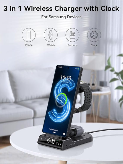 Wireless Charger for Samsung Charging Station with Clock for Samsung Galaxy S25 Ultra/S24 Ultra/Z Flip 7/Z Fold6/Bud, 3 in 1 Android Charging Station, Watch Charger for Samsung Galaxy Watch 8/7/6/5Pro