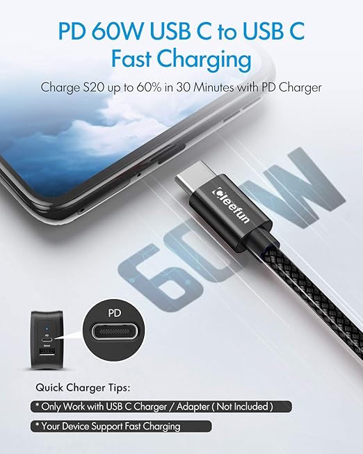 CLEEFUN USB C to USB C Cable 60W, USBC to USBC, [5-Pack, 3/3/6/6/10 ft] Type C to C Charger Cord Fast Charging for iPhone 16 15 Pro Max/Plus, for iPad/MacBook Pro/Air, for Samsung Galaxy S25 S24 S23