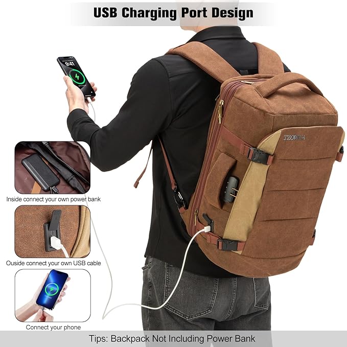 Tzowla 40L Canvas Expandable Travel Laptop Backpack for Men Women Carry on Flight Approved,Large Capacity Anti Theft Backpacks with USB Port,Vintage Personal Item Bag Fit 17.3" Laptop(Brown & Khaki)