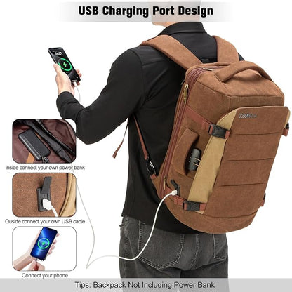 Tzowla 40L Canvas Expandable Travel Laptop Backpack for Men Women Carry on Flight Approved,Large Capacity Anti Theft Backpacks with USB Port,Vintage Personal Item Bag Fit 17.3" Laptop(Brown & Khaki)