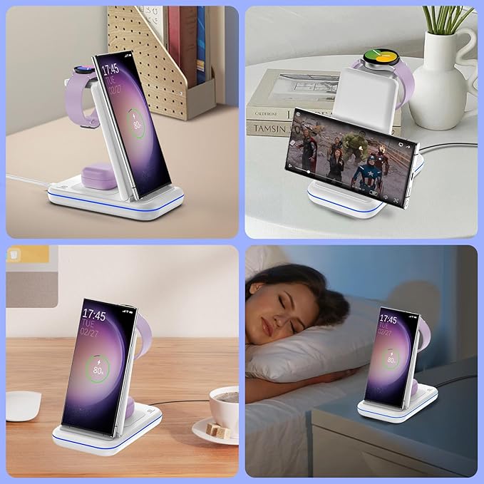 Wireless Charging Station for Samsung/Android, Fast Wireless Watch Charger Station Compatible for Samsung Galaxy S25 Ultra/S24/S23+/Z Flip 7/6 Fold 7/6, Watch8/7/Pro/Active 2 Galaxy Buds3/2 Pro(White)