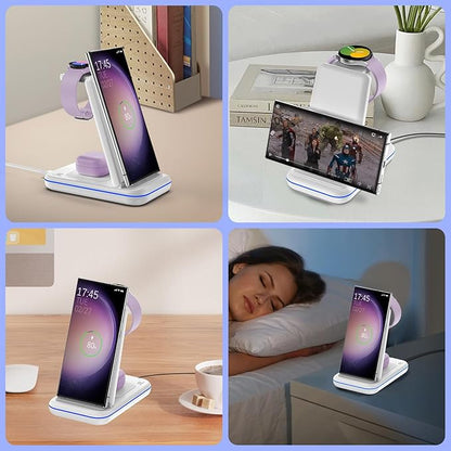 Wireless Charging Station for Samsung/Android, Fast Wireless Watch Charger Station Compatible for Samsung Galaxy S25 Ultra/S24/S23+/Z Flip 7/6 Fold 7/6, Watch8/7/Pro/Active 2 Galaxy Buds3/2 Pro(White)