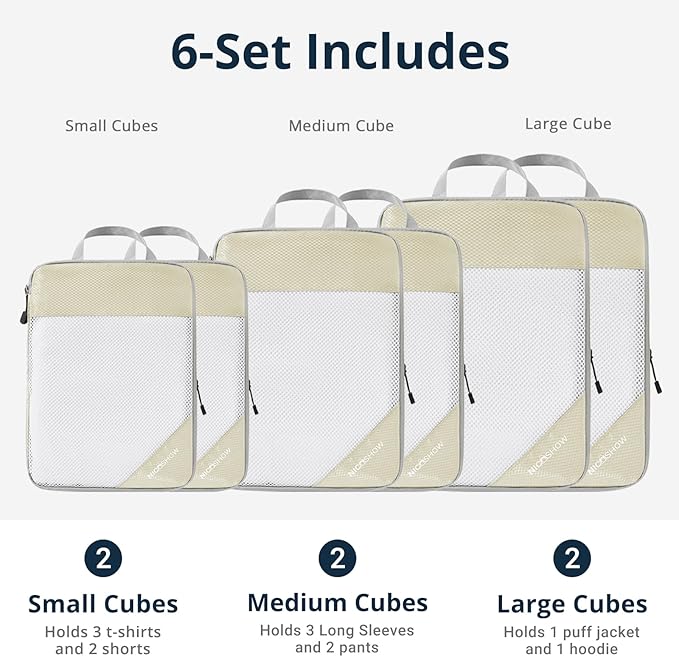 Compression Packing Cubes 6 Set, Compressible Space-Saving Packing Cubes for Travel - Compression Bags, Luggage Organizer, Travel Essentials for Women, Beige