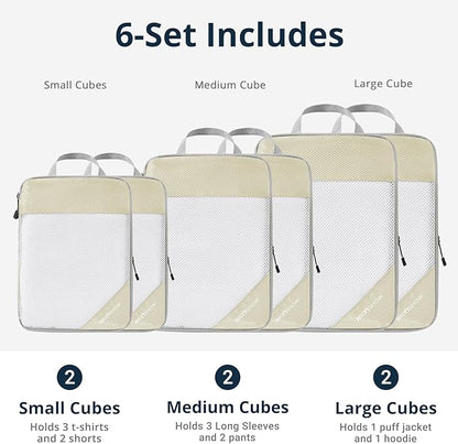 Compression Packing Cubes 6 Set, Compressible Space-Saving Packing Cubes for Travel - Compression Bags, Luggage Organizer, Travel Essentials for Women, Beige