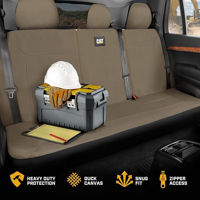 CAT Beige Rear Seat Cover for Cars, SUVs & Small Trucks – Heavy-Duty Oxford Canvas – 60/40 Split Bench Protector – Durable Back Seat Cover for Pets, Travel & Daily Use – Car & Truck Interior Accessory