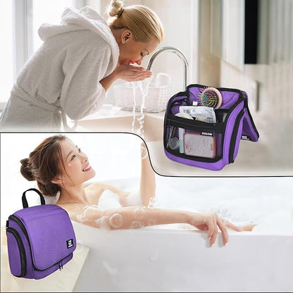 Goloni Hanging Toiletry Bag with Hook, Large Makeup Bag Travel Organizer, Water-Resistant Hanging Cosmetic Bag with 10 Compartments for Women & Men,Purple