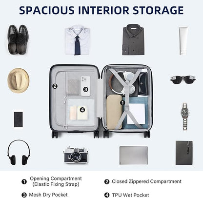 Hard Shell Suitcases Airline Approved 20 Inch Carry on Luggage, Expandable Travel Luggage Carry on Luggage with Cup Holder Charger Built in, Lightweight Small Suitcases with Wheels, White