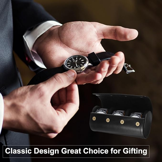 HARFINGTON Watch Roll Travel Case Single Slot Portable Leather Watch Case for Men and Women, Watches Storage Organizer with Removable Pillows for Traveling, Display, Home Storage, Dark Black