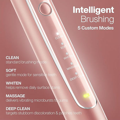 Aquasonic Vibe Series PRO – Ultra-Whitening Electric Toothbrush – 5 Modes & Smart Timers – UV Sanitizing Base – ADA Accepted (Satin Rose Gold)