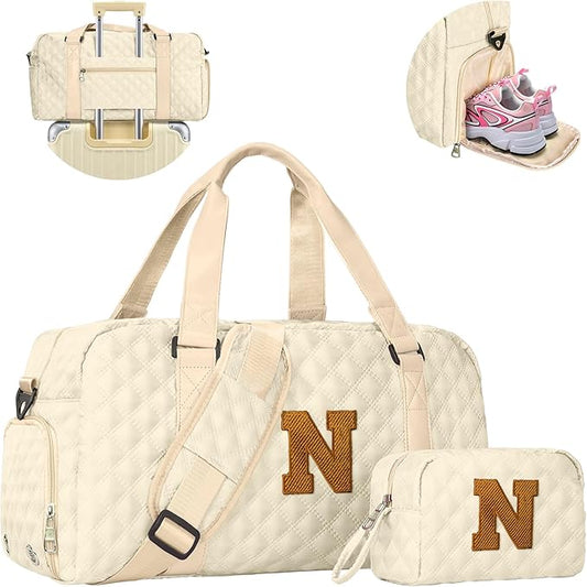 Travel Duffle Bag, Weekender Bags for Women, Personalized Gym Bag for Girls, Monogram Overnight Bag, Birthday Gift for Kids, Teens, Women, Mom, Teacher, 007Travel bag-off white-N