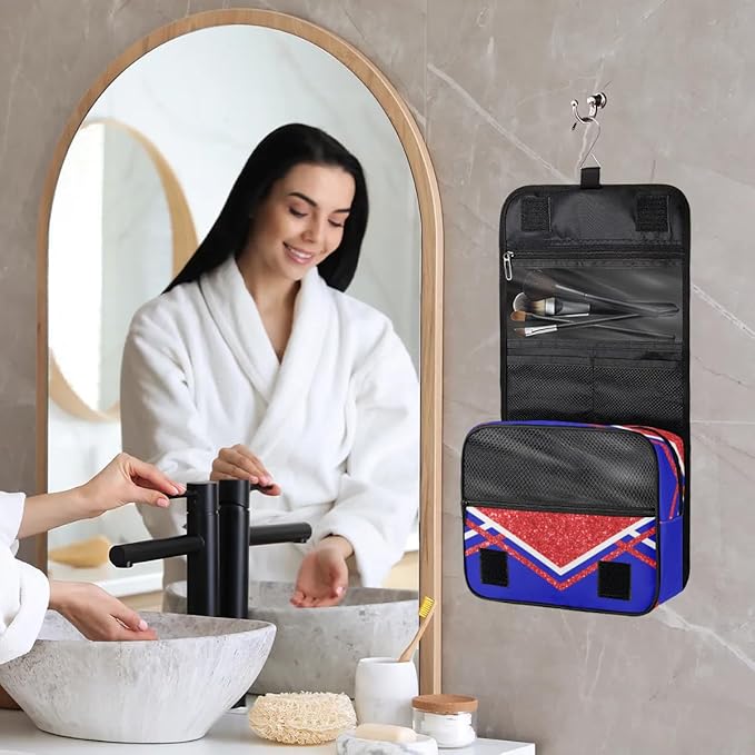 Customized Travel Cheer Hanging Toiletry Bag for Women, Waterproof Large Cosmetic Bag Makeup Cosmetic Organizer Case Bag, Red Glitters Royal Blue