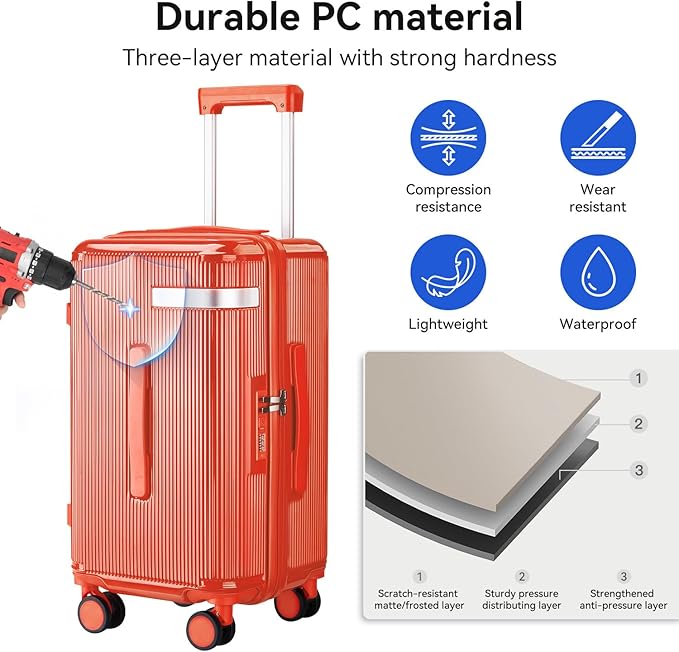 Travel Luggage Sets 3 Piece with Spinner Wheels, PC Hardside Suitcase Set for Family Trips with Cup and Phone Holder, Orange