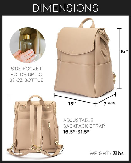 MIA + SOPHIA Leather Diaper Bag Backpack with USB Charging port, Changing Pad, Stroller Straps, and Bottle Holder (Beige Olivia)