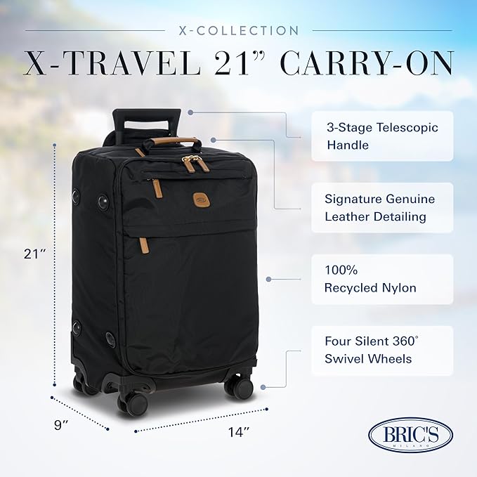 Bric's X-Travel 21” Carry-On Spinner – Luxury Softside Luggage with 360° Wheels, Recycled Water-Resistant Fabric, Interior Pockets, and Leather Details – Black