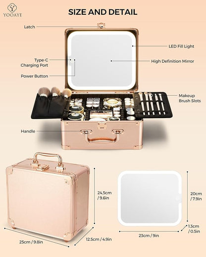 Makeup Box with Detachable Lighted Mirror–Travel Train Case, Cosmetic Storage Organizer & Makeup Suitcase with Adjustable Dividers & Magnetic LED Mirror (Rose Gold)
