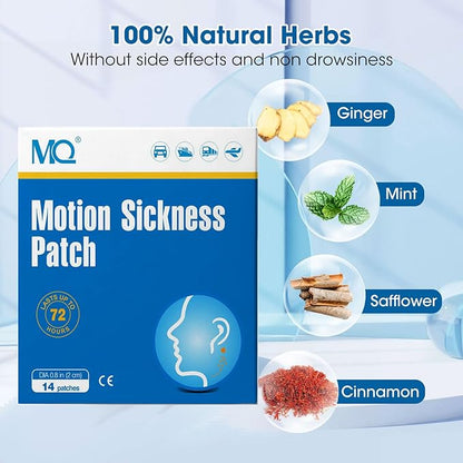 MQ 28 ct Motion Sickness Patches Non Drowsy Sea Sickness Patch for Cruise Travel Essentials, Waterproof Car Sick Patches Behind Ear Fast Acting & Long Last 72H, 2 Pairs of Wristbands as a Bonus