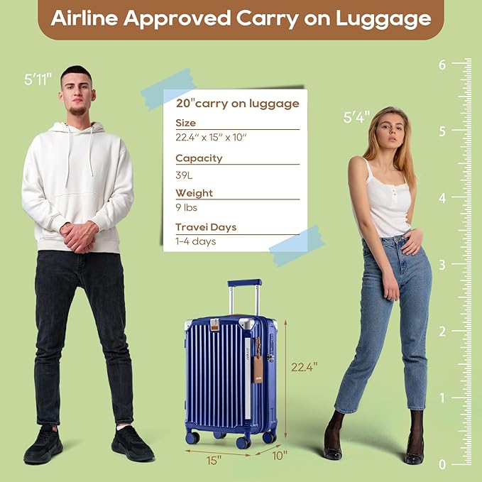 Joyway 20in Carry On Luggage with Cup Holder and USB Port, 25% Expandable Capacity, Smart Suitcase with Anti Slip Wheels and Handbag, Perfect for Men and Women 3 Piece Set Blue