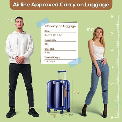 Joyway 20in Carry On Luggage with Cup Holder and USB Port, 25% Expandable Capacity, Smart Suitcase with Anti Slip Wheels and Handbag, Perfect for Men and Women 3 Piece Set Blue