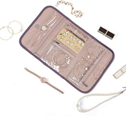 BELALIFE Travel Jewelry Case Organizer, Foldable Storage Roll for Earrings, Necklaces, Rings, Bracelets, Brooches, Purple