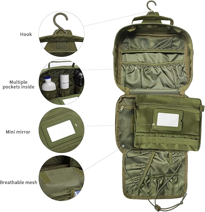 Tactical Toiletry Bag for Men, Travel Hanging Toiletry Bags, Toiletries Organizer Dopp Kit, Travel Cosmetic Bag,Shaving Hygiene Bag, Bathroom Essentials Men's Toiletry Bag for Camping - Army Green