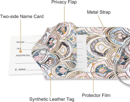 Fintie Luggage Tags, Privacy Cover ID Label with Stainless Steel Loop and Address Card for Travel Bag Suitcase - Marble Tiles (2 Piece)