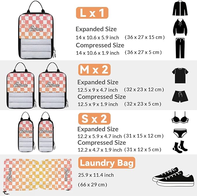 Custom 6 Set Compression Packing Cubes with Name Personalized Compressible Expandable Packing Organizers Luggage Carry On Suitcase Bags Travel Accessories Gifts, Orange Rose Gradient