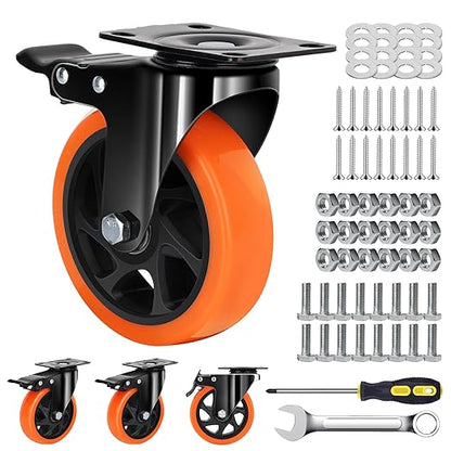MSH&HCE 5-Inch Orange Heavy Duty Caster Wheels (Set of 4) - 2600Lbs Total Capacity, Polyurethane (PU) Wheels, Quiet Swivel Casters for Carts, Furniture & Workbenches (Two Hardware Included) ﻿