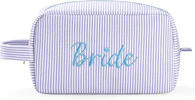 Etercycle Bride Makeup Bag, Blue Striped Cosmetic Bag Embroidery Bridal Shower Gifts, Large Travel Make Up Bags with Inside Pockets Toiletry Bag for Women Wedding Engagement Bachelorette Party