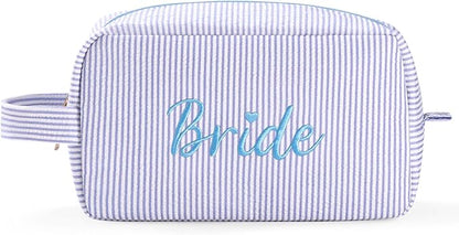 Etercycle Bride Makeup Bag, Blue Striped Cosmetic Bag Embroidery Bridal Shower Gifts, Large Travel Make Up Bags with Inside Pockets Toiletry Bag for Women Wedding Engagement Bachelorette Party