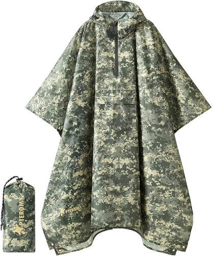 PTEROMY Hooded Rain Poncho for Adult with Pocket, Waterproof Lightweight Unisex Raincoat for Hiking Camping Emergency