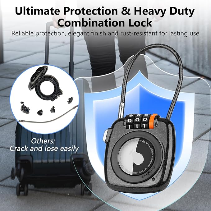 Compatible with Apple AirTag Secure Lock with Wire Cable, 3-Digit Combination Luggage Locks, Alloy Body Ultra Durable Anti-Lost Protective Case for Luggage, Suitcase (Black*2)