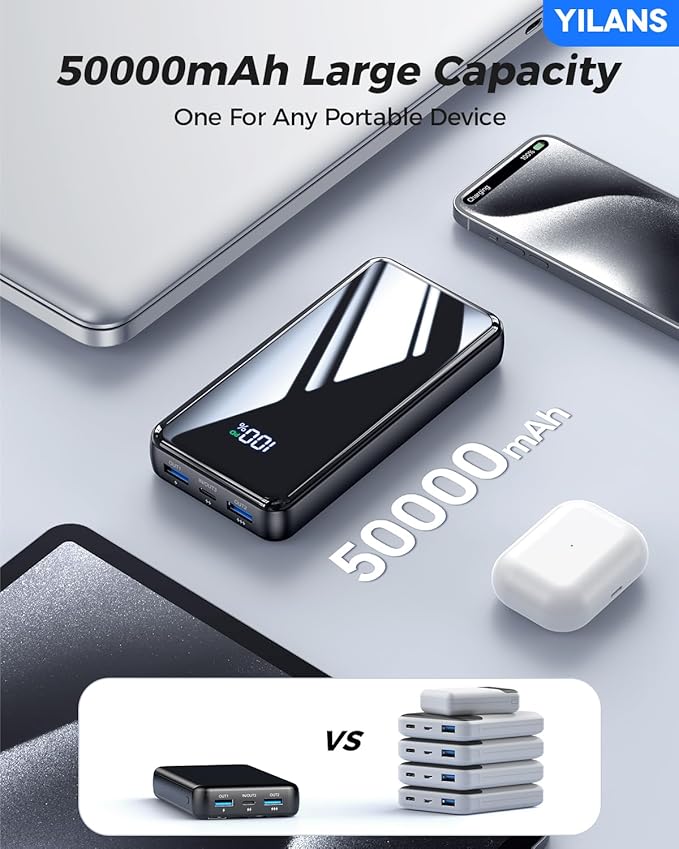 Portable Charger,50000mAh Power Bank Built-in Cable, 22.5W USB C In & Out Fast Charging, External Battery Pack with 6 Output & 2 Input, Travel Phone Charger for iPhone 17/16/15/14/13/12, Android