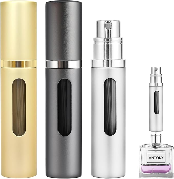 Perfume Travel Refillable Atomizer - 3-Pack 5ML Pocket Perfume Atomizer, Travel Perfume Atomizer Refillable Perfume Spray Bottle (Gold & Gray & Silver)