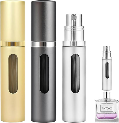 Perfume Travel Refillable Atomizer - 3-Pack 5ML Pocket Perfume Atomizer, Travel Perfume Atomizer Refillable Perfume Spray Bottle (Gold & Gray & Silver)