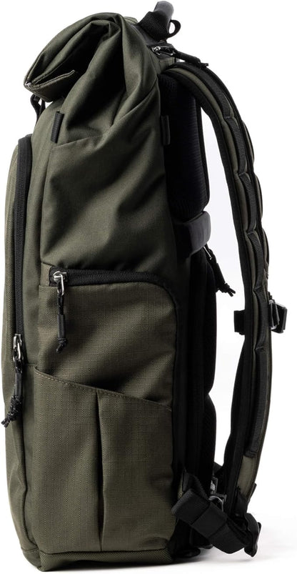 Think Tank FocusPoint 30L RollTop Camera Backpack - Greenway: Expandable Travel & Camera Backpack with Laptop Sleeve, Quick Side and Back Access, Rain Cover – Versatile Photography & Travel Bag