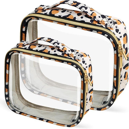 TSA Approved Travel Toiletry Bag,2 Pack Clear Makeup Bags with Handles,Quart Size Clear Cosmetic Bags for Traveling Women,Men,Carry on Airport Airline Compliant Bag,Leopard
