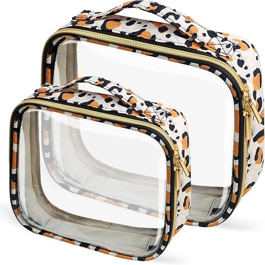 TSA Approved Travel Toiletry Bag,2 Pack Clear Makeup Bags with Handles,Quart Size Clear Cosmetic Bags for Traveling Women,Men,Carry on Airport Airline Compliant Bag,Leopard