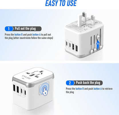 Universal International Power Travel Plug Adapter, 5 in 1 European Travel Plug Adapter W/ 3.5A 2xUSB-A and 2xUSB C Wall Charger and Worldwide AC Outlet for Europe USA UK AUS Asia (White Grey)