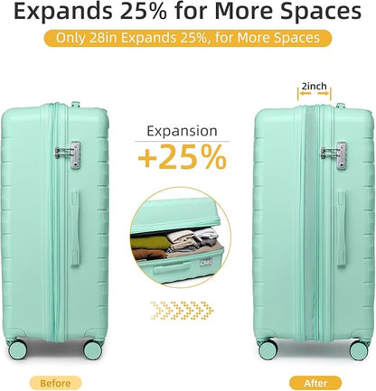 LARVENDER Luggage Sets 5 Piece with Duffel Bag Expandable(Only 28 inch) Hardside PP Carry On Luggage with 360° Spinner Wheels TSA Lock Luggage Sets for Women, Seafoam Green
