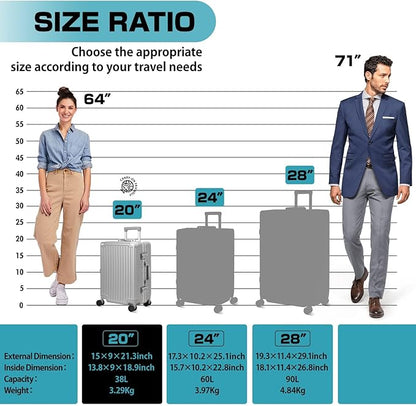 AnyZip Carry On Luggage - Aluminium Frame, PC ABS Hard Shell, Suitcases with Wheels, TSA Lock, No Zipper - 20in Silver