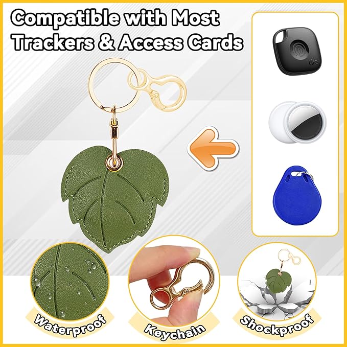 Leather Keychain for Airtag, Cute Protective Keychain Holder Compatible with Apple Air Tag,GPS Item Tracker Case Cover for Keys,Bags,Pets,Luggage(Leaf)
