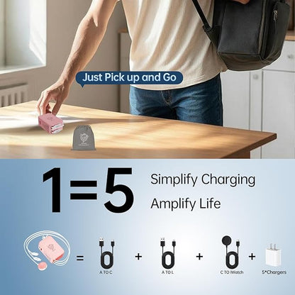 Retractable Apple Watch Charger, 5 in 1 Travel Charging Station for Apple Devices, Retractable Chargers for Multiple Devices with Multi Charging Cable, Charger Block for Apple Gear (Pink)