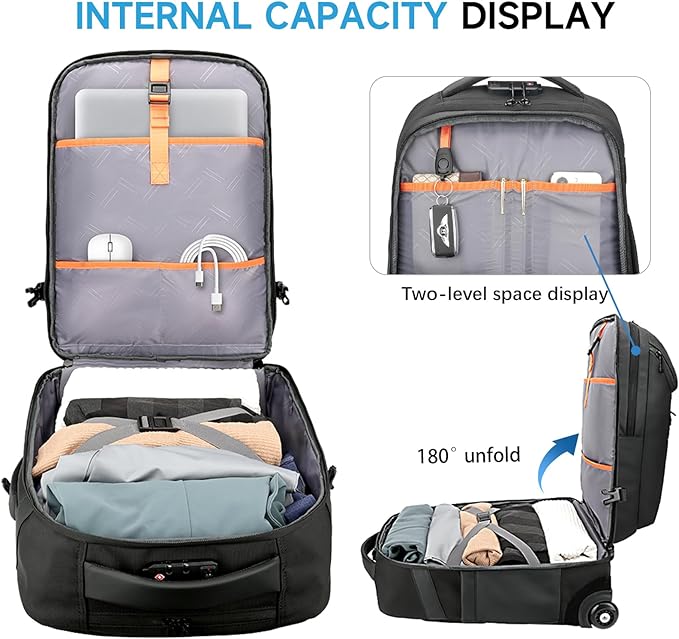 Large Rolling Backpack for Women&Men, 50L Work Backpack with Wheels,17 inch Laptop Backpack with USB Port,TSA Lock Carry On for Business, Travel, College, Teacher
