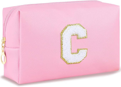 Initial Makeup Bag Personalized Cosmetic Bag with Zipper Cute Travel Toiletry Bag PU Waterproof Makeup Pouch Monogrammed Birthday Gift for Women Preppy Stuff for Teen Girls (Pink C)