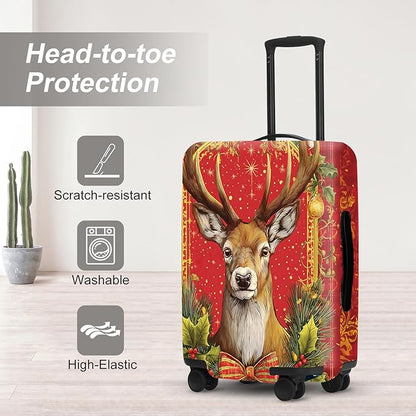 Vintage Plaid Christmas Luggage Cover - Red Tartan with Golden Deer and Holly, Classic Stretchable Suitcase Cover 18 20 22 Inch