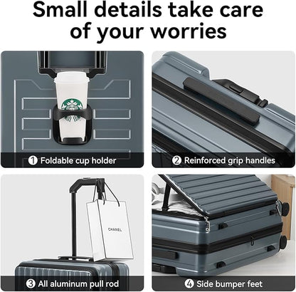 24 Inch Checked Large Luggage with Spinner Wheels Front Opening Rolling Suitcase for 5-7 Days Travel, Scratch Resistant PC Hardshell TSA Lock Cup Holder Specially Designed Ergonomic Pull Rod Handle