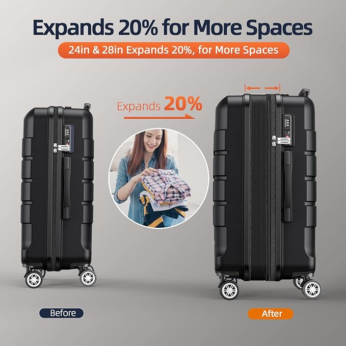 SHOWKOO Luggage Sets Expandable PC+ABS Durable Suitcase Double Wheels TSA Lock Black