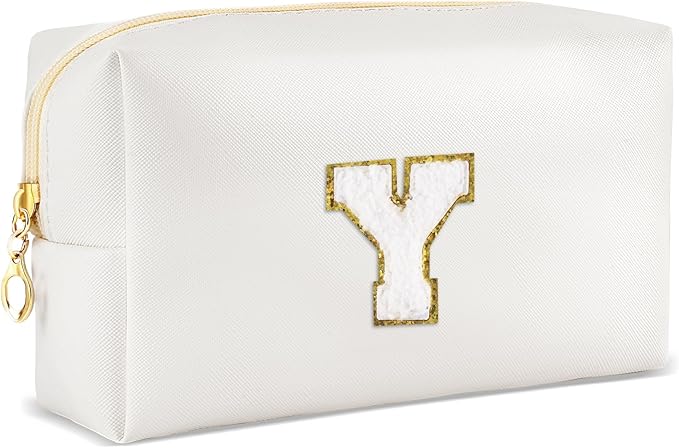 Gifts for Girls Initial Makeup Bag Personalized Cosmetic Bag with Zipper Cute Travel Toiletry Bags Waterproof PU Preppy Makeup Pouch Birthday Gift for Teen Girls Women(White Y)
