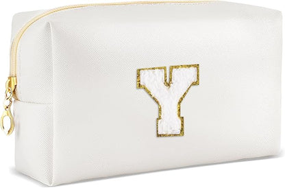 Gifts for Girls Initial Makeup Bag Personalized Cosmetic Bag with Zipper Cute Travel Toiletry Bags Waterproof PU Preppy Makeup Pouch Birthday Gift for Teen Girls Women(White Y)